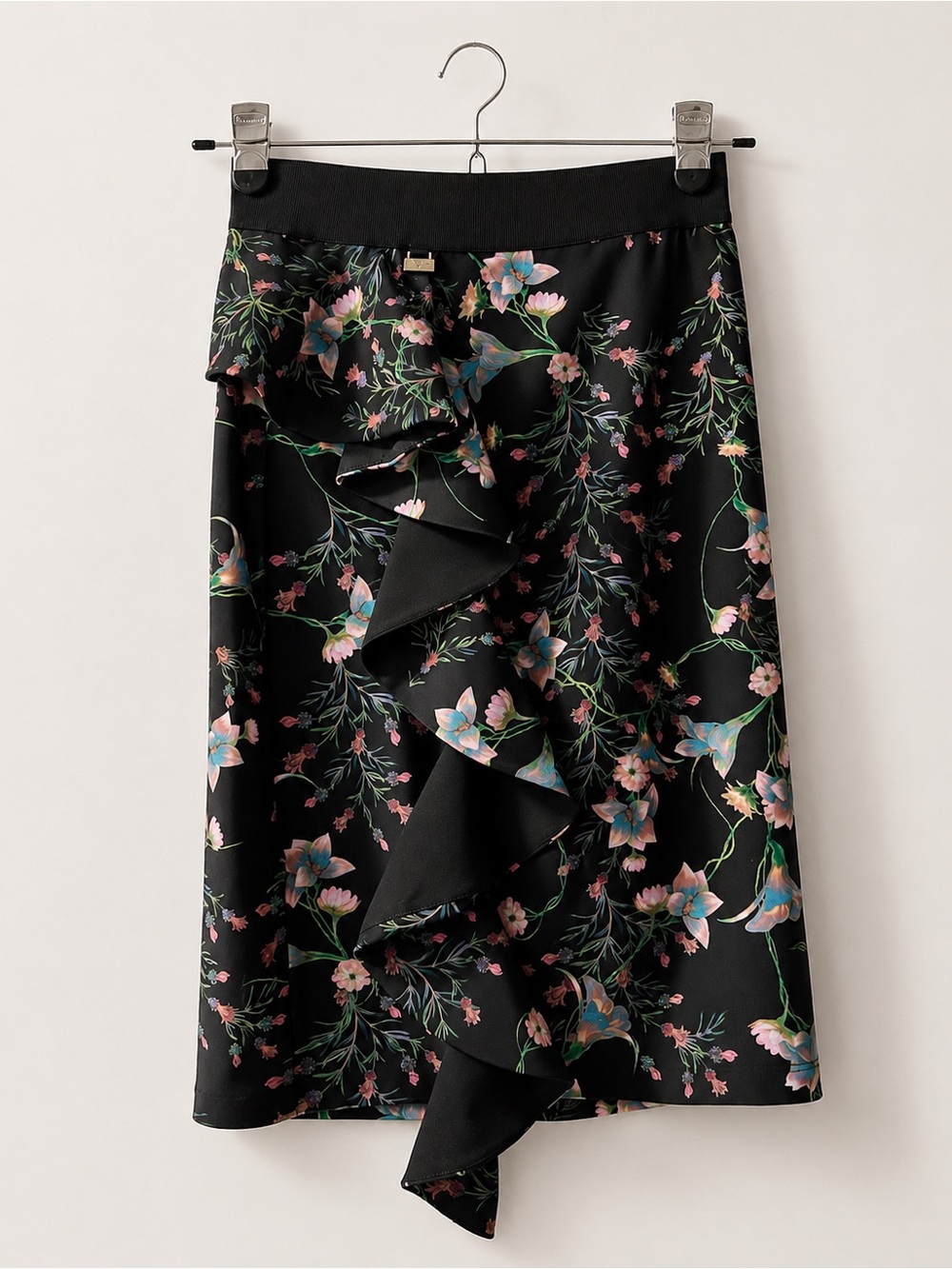 Patrizia Pepe Black Floral Ruffle Skirt XS/S Pull-On Stretch Waist